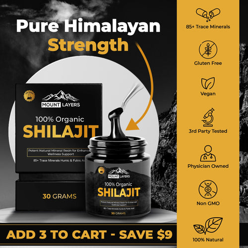 Pure Himalayan Shilajit resin by Mount Layers in a premium jar with 90+ essential minerals