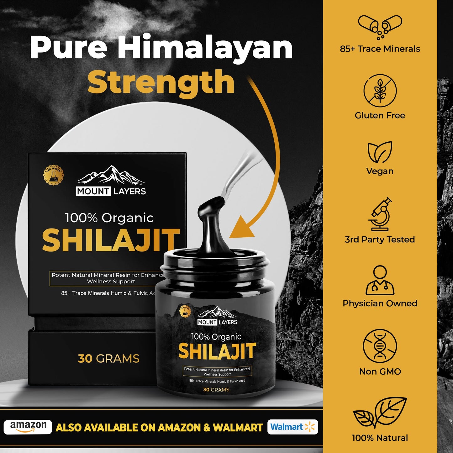Original Himalayan Shilajit for Men & Women with 85+ Trace Minerals - Health & Wellness - 60 Servings - 30g Jar Mount Layers
