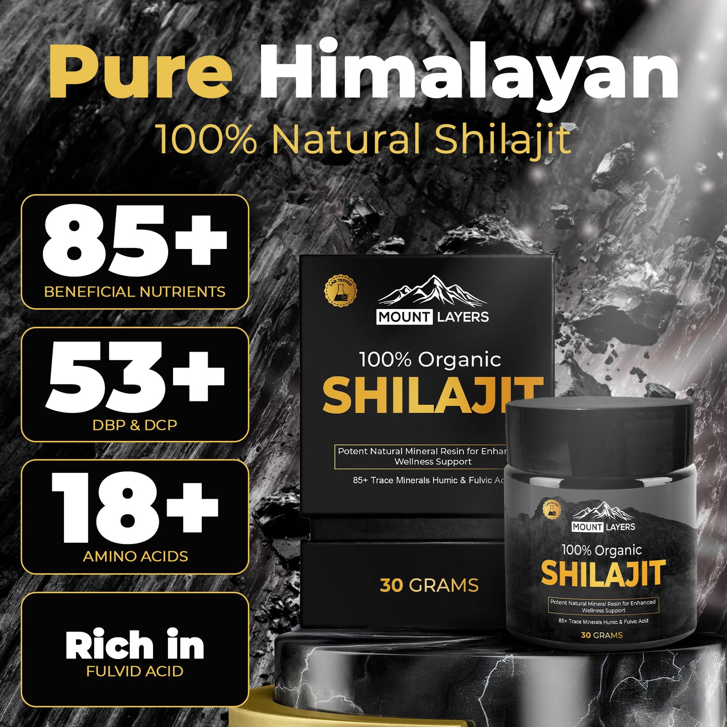 Original Himalayan Shilajit for Men & Women with 85+ Trace Minerals - Health & Wellness - 60 Servings - 30g Jar Mount Layers
