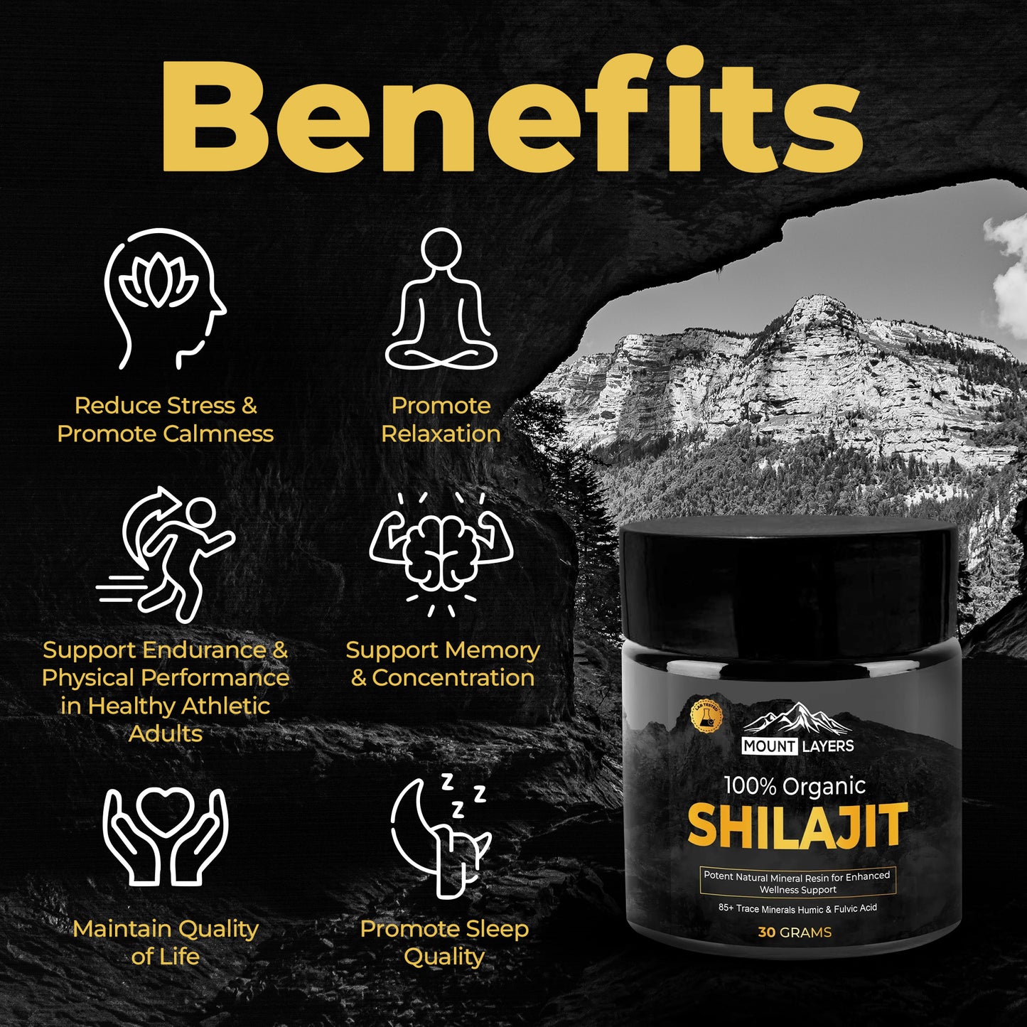 Original Himalayan Shilajit for Men & Women with 85+ Trace Minerals - Health & Wellness - 60 Servings - 30g Jar Mount Layers