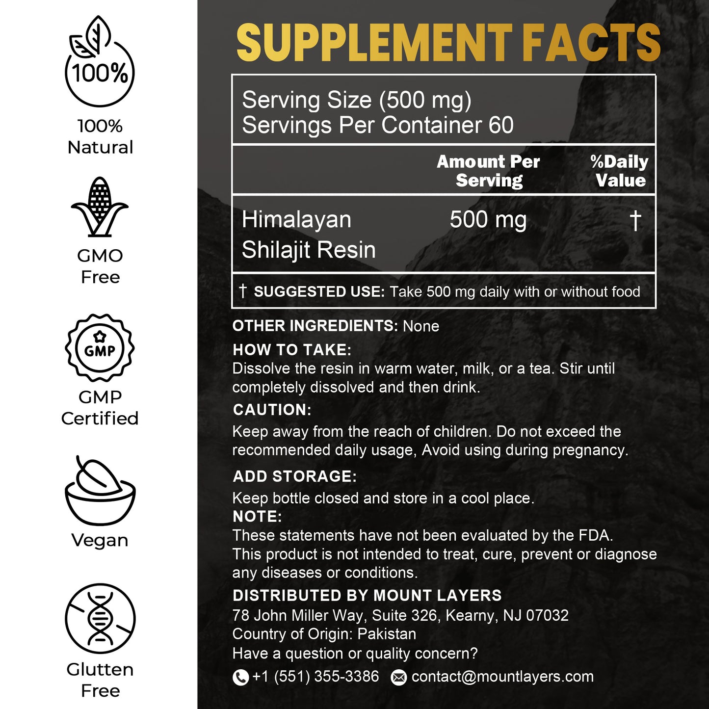 Original Himalayan Shilajit for Men & Women with 85+ Trace Minerals - Health & Wellness - 60 Servings - 30g Jar Mount Layers