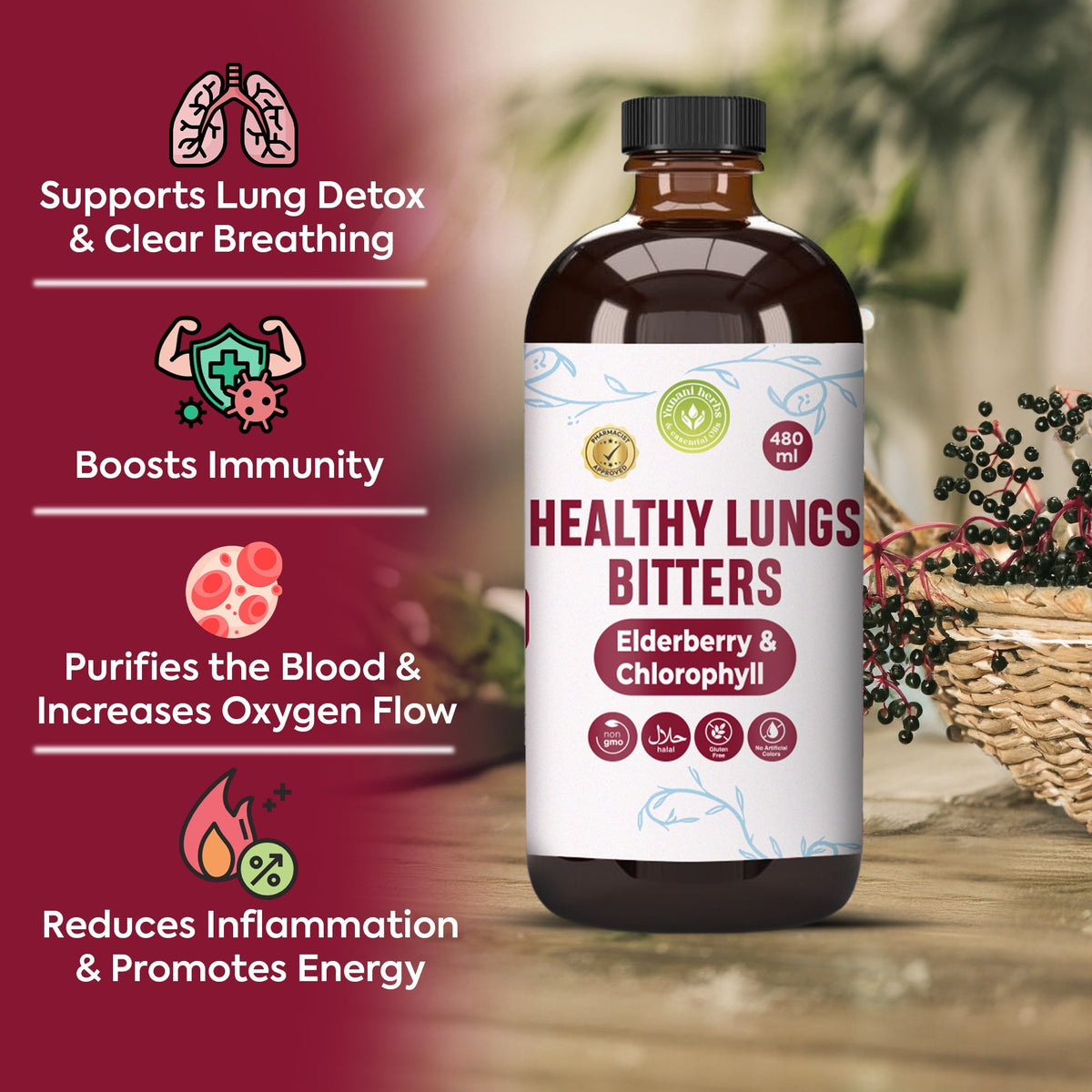 Healthy lungs bitters with Elderberry and Chlorophyl 480 mls Yunani Herbs