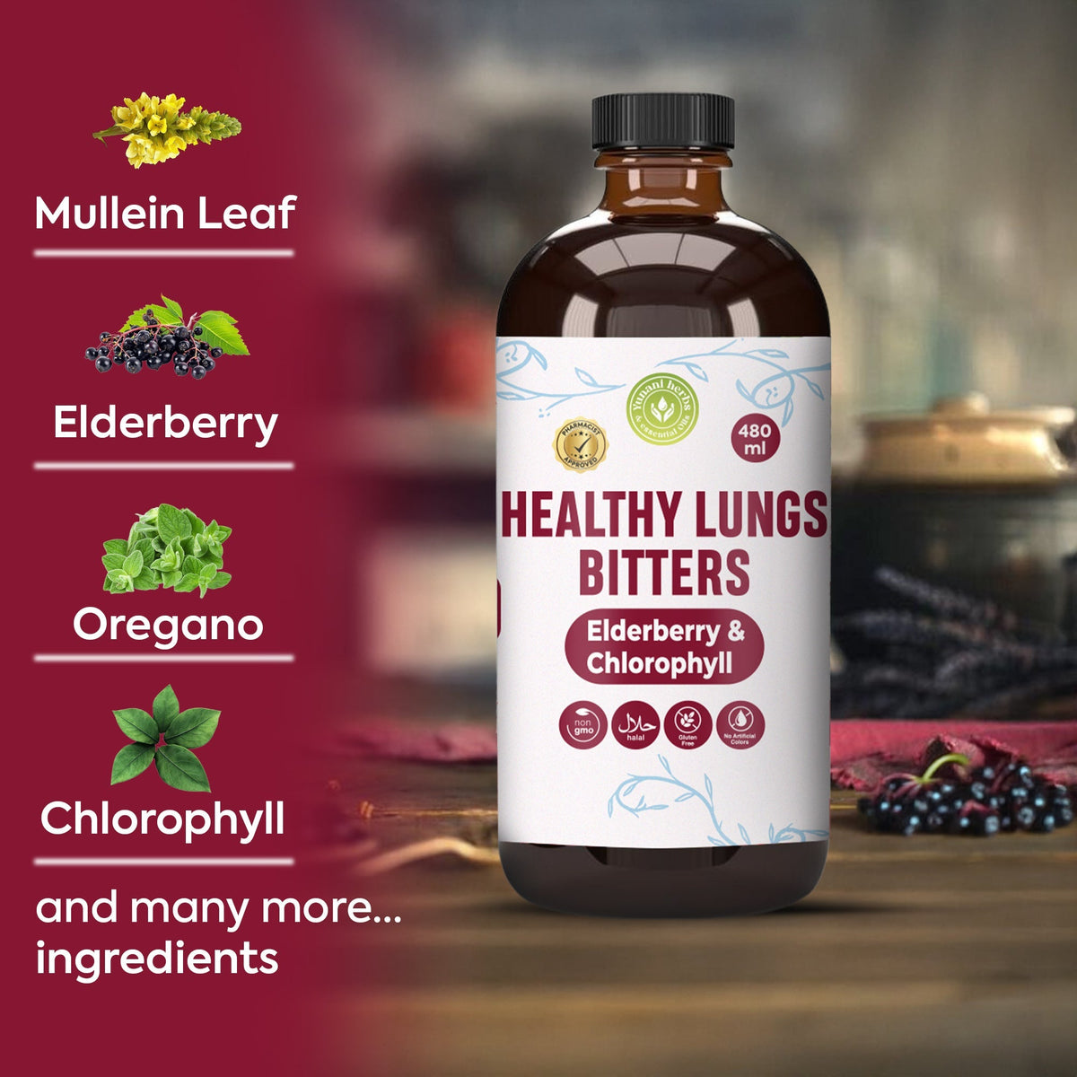 Healthy lungs bitters with Elderberry and Chlorophyl 480 mls Yunani Herbs