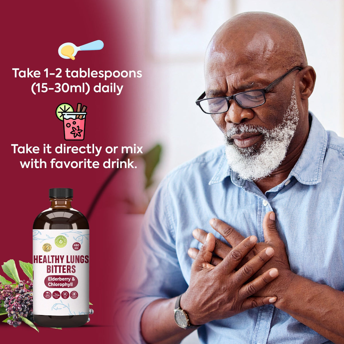 Healthy lungs bitters with Elderberry and Chlorophyl 480 mls Yunani Herbs