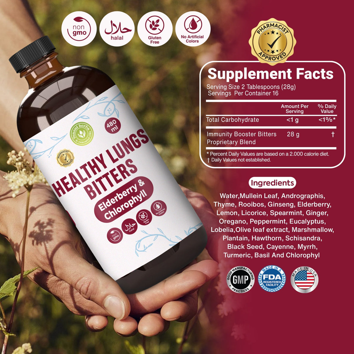 Healthy lungs bitters with Elderberry and Chlorophyl 480 mls Yunani Herbs