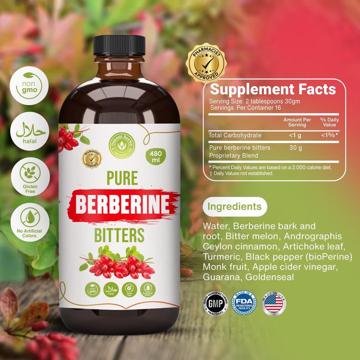 Pure Berberine Bitters 480 mls Yunani Herbs