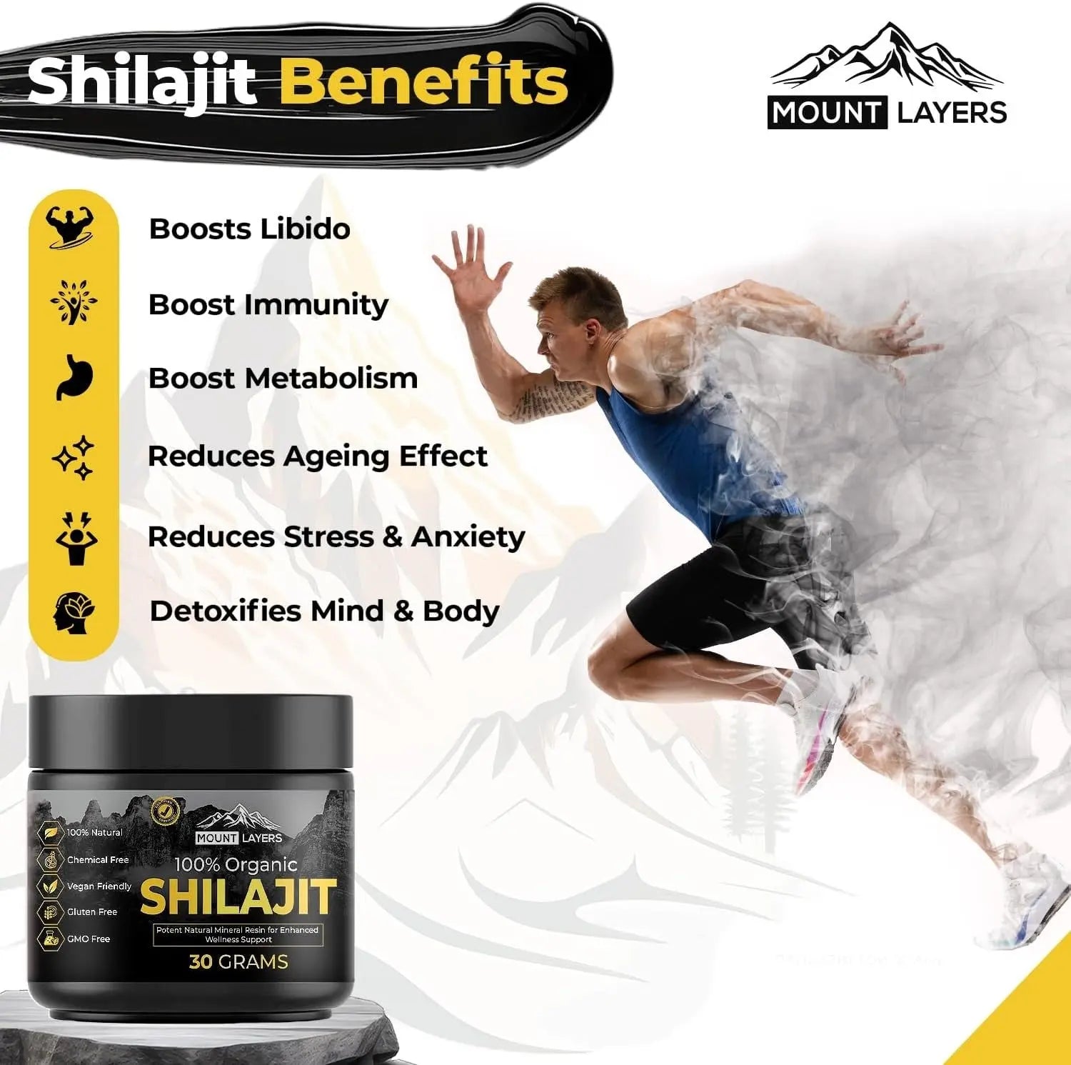 Original Himalayan Shilajit for Men & Women with 85+ Trace Minerals - Health & Wellness - 60 Servings - 30g Jar Mount Layers