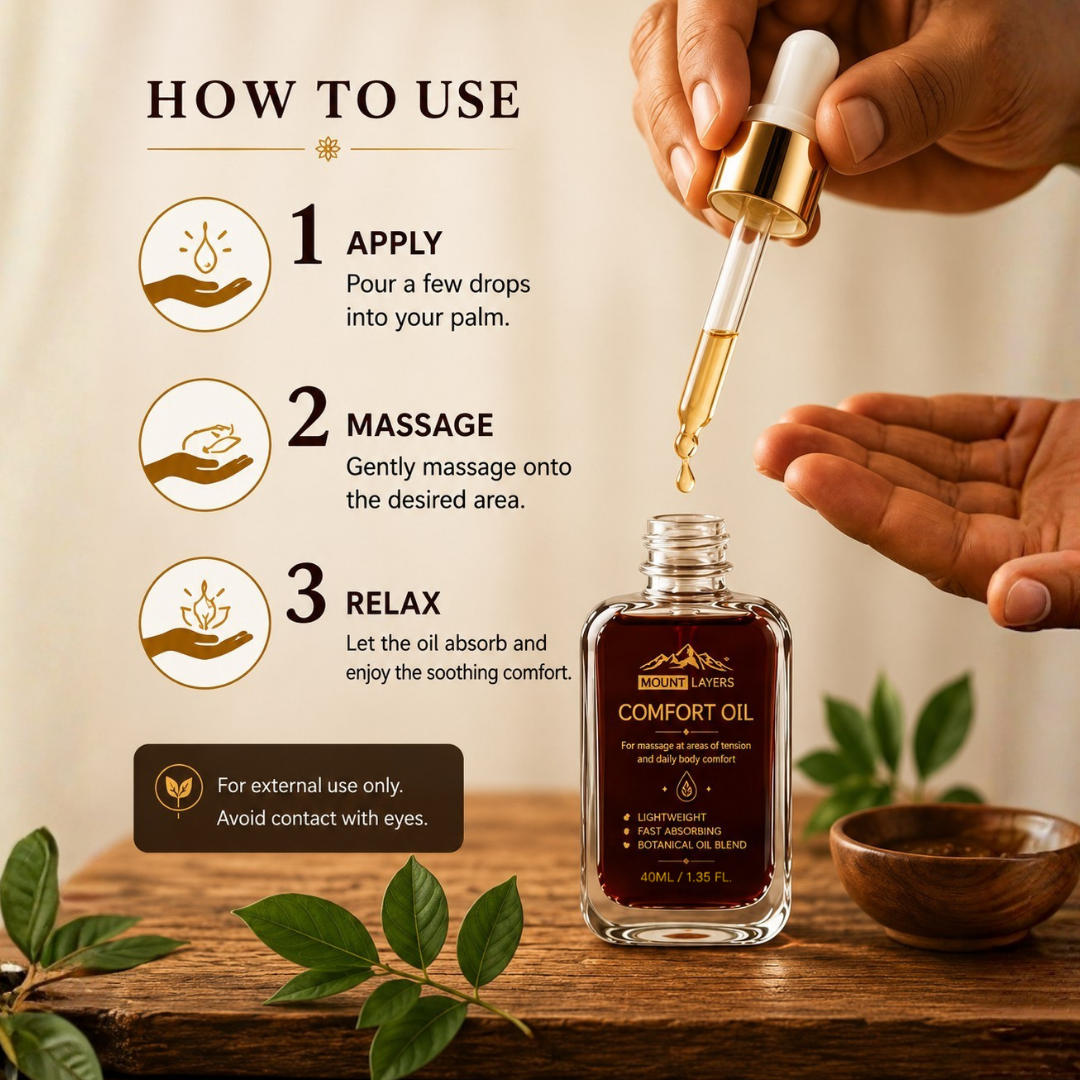 Botanical Comfort Massage Oil – Relaxing Full Body Massage Oil for Neck, Shoulders, Back, Feet & Knees Mount Layers