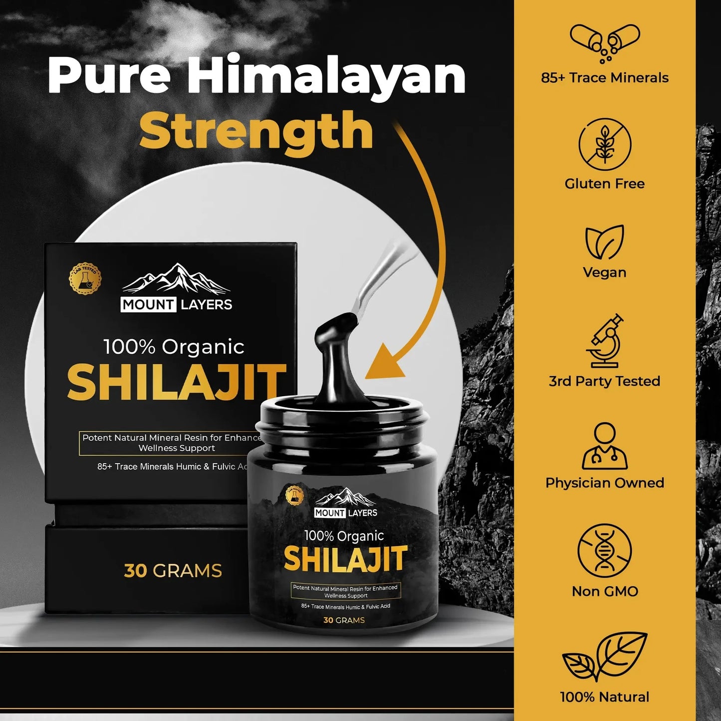 Original Himalayan Shilajit for Men & Women with 85+ Trace Minerals - Health & Wellness - 60 Servings - 30g Jar Mount Layers