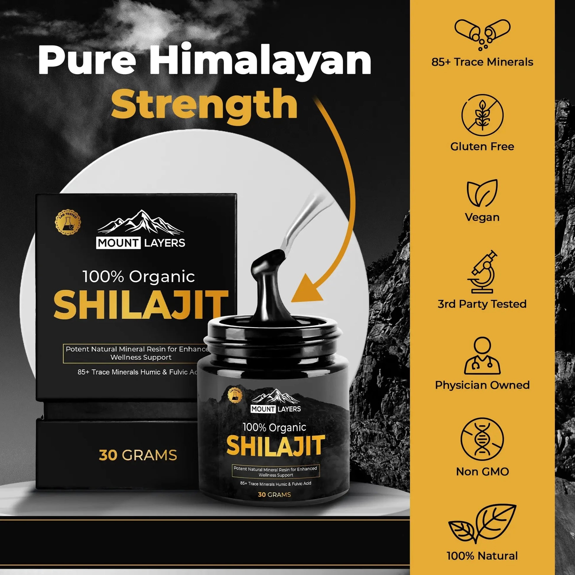 Original Himalayan Shilajit for Men & Women with 85+ Trace Minerals - Health & Wellness - 60 Servings - 30g Jar Mount Layers