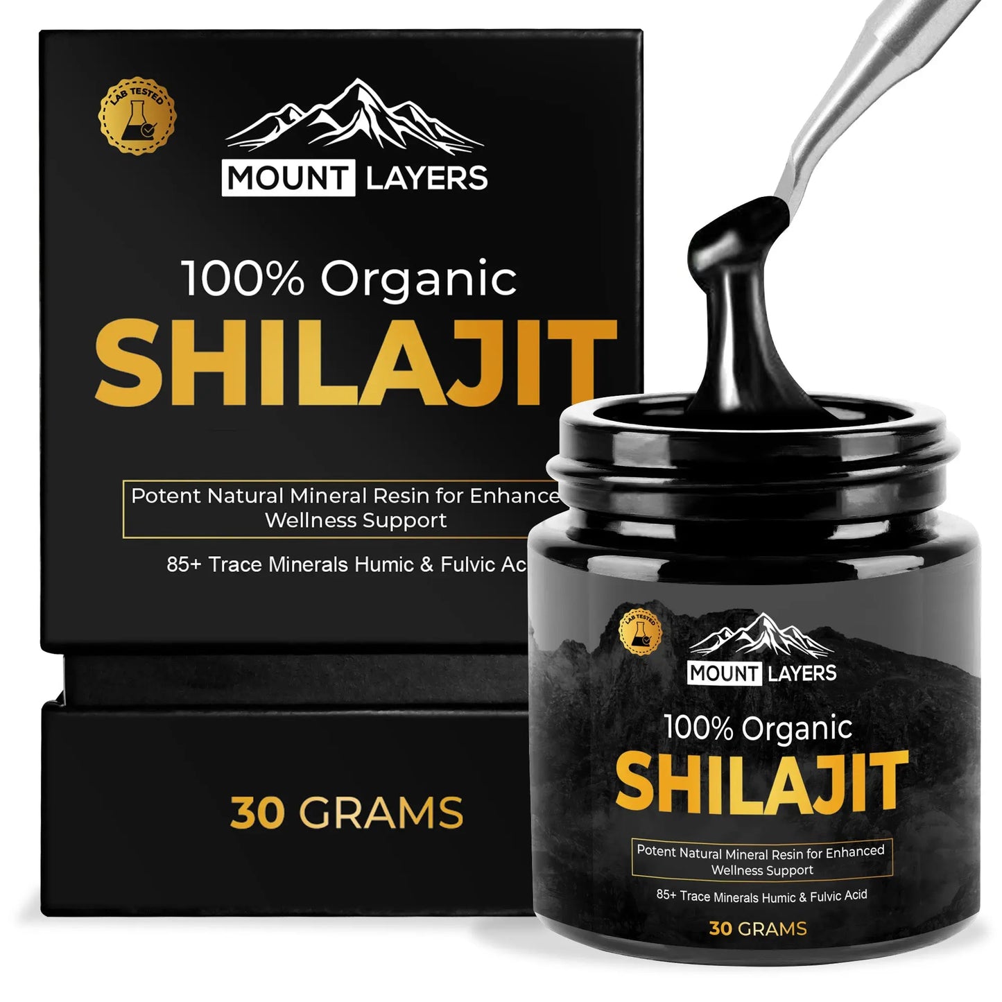 Original Himalayan Shilajit for Men & Women with 85+ Trace Minerals - Health & Wellness - 60 Servings - 30g Jar Mount Layers