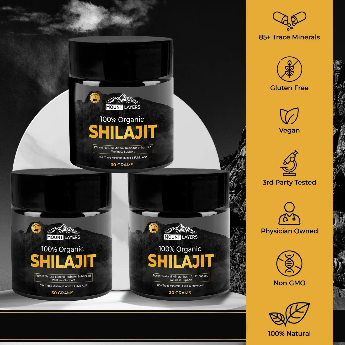 Original Himalayan Shilajit for Men & Women with 85+ Trace Minerals - Health & Wellness - 180 Servings - 90g Jar Pack of 3 Mount Layers
